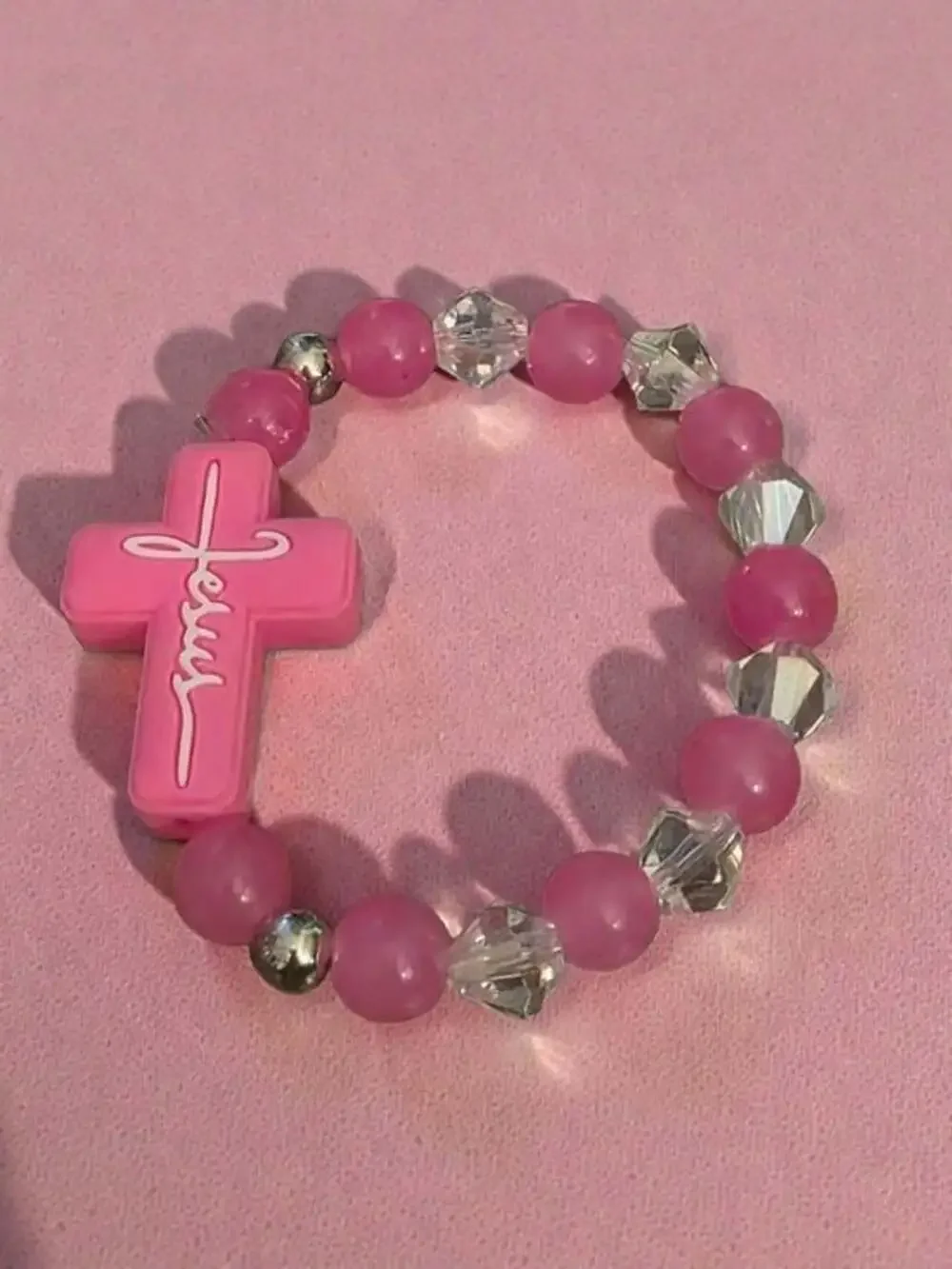 Handmade Pink Jesus Cross Beaded Stretch Bracelet